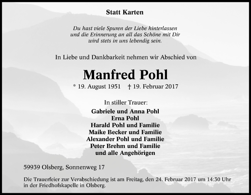  Traueranzeige für Manfred Pohl vom 21.02.2017 aus Tageszeitung