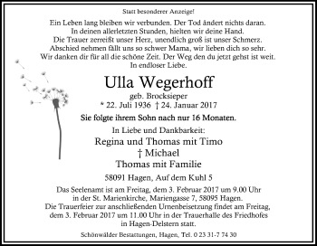 Traueranzeige von Ulla Wegerhoff von Tageszeitung