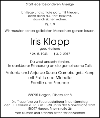 Traueranzeige von Iris Klapp von Tageszeitung