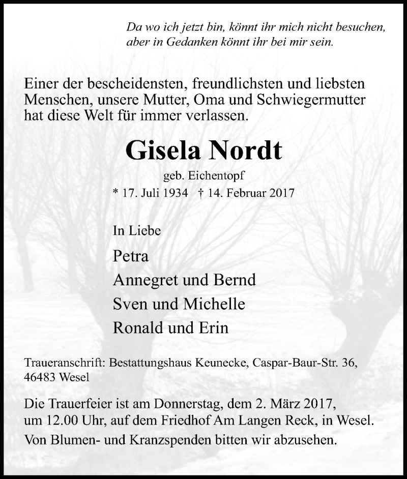  Traueranzeige für Gisela Nordt vom 18.02.2017 aus Tageszeitung