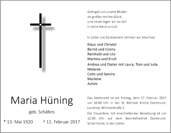 Traueranzeige von Maria Hüning von Tageszeitung