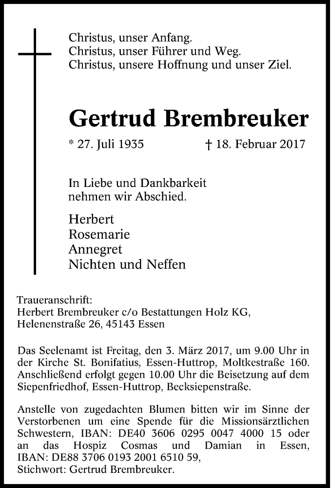  Traueranzeige für Gertrud Brembreuker vom 25.02.2017 aus Tageszeitung