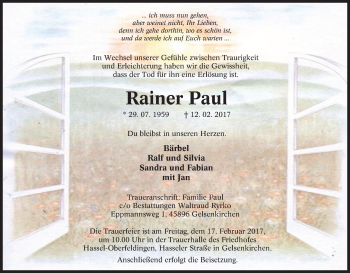 Traueranzeige von Rainer Paul von Tageszeitung