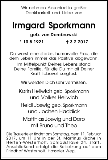 Traueranzeige von Irmgard Sporkmann von Tageszeitung