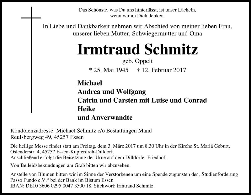  Traueranzeige für Irmtraud Schmitz vom 25.02.2017 aus Tageszeitung