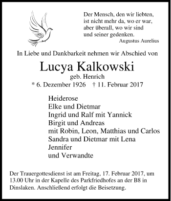 Traueranzeige von Lucya Kalkowski von Tageszeitung