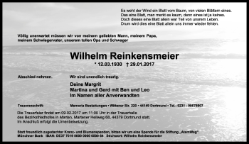 Traueranzeige von Wilhelm Reinkensmeier von Tageszeitung