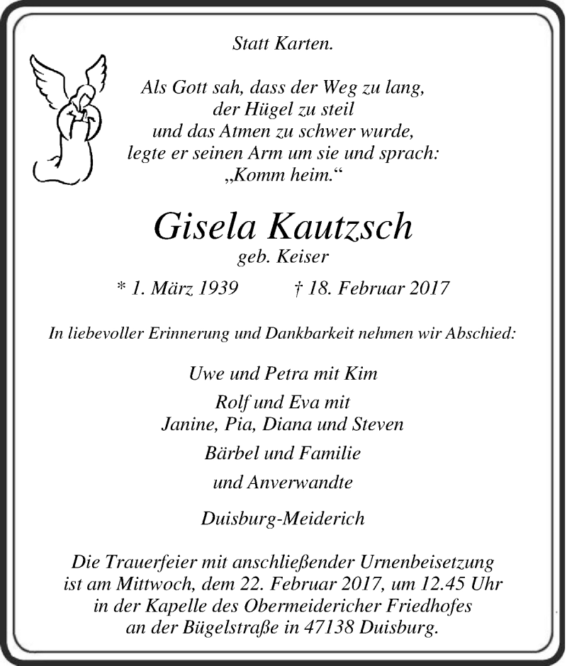  Traueranzeige für Gisela Kautzsch vom 21.02.2017 aus Tageszeitung