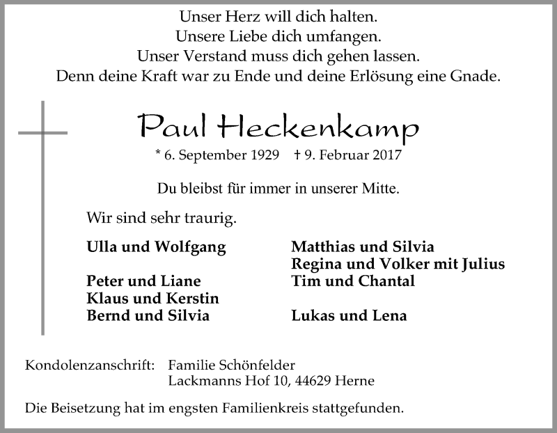  Traueranzeige für Paul Heckenkamp vom 17.02.2017 aus Tageszeitung