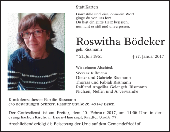 Traueranzeige von Roswitha Bödeker von Tageszeitung