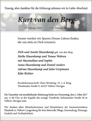 Traueranzeige von Kurt van den Berg von Tageszeitung