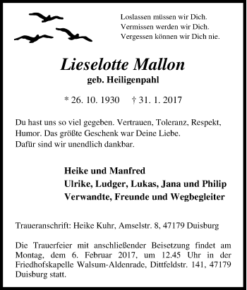 Traueranzeige von Lieselotte Mallon von Tageszeitung