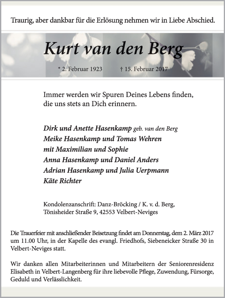  Traueranzeige für Kurt van den Berg vom 25.02.2017 aus Tageszeitung