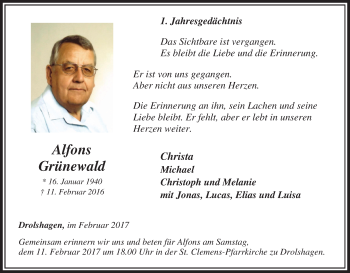 Traueranzeige von Alfons Grünewald von Tageszeitung