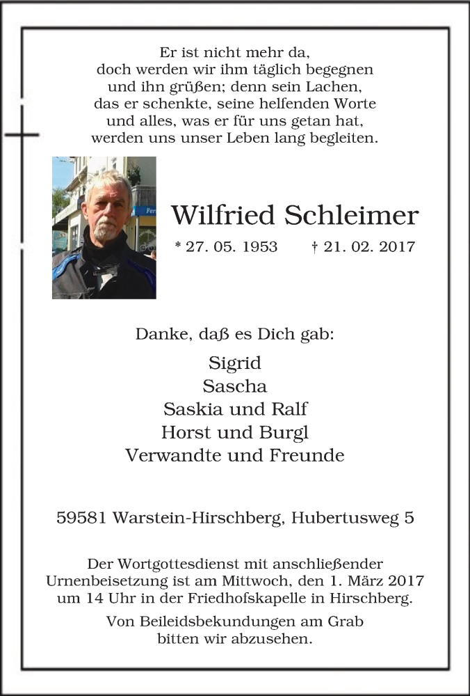  Traueranzeige für Wilfried Schleimer vom 23.02.2017 aus Tageszeitung