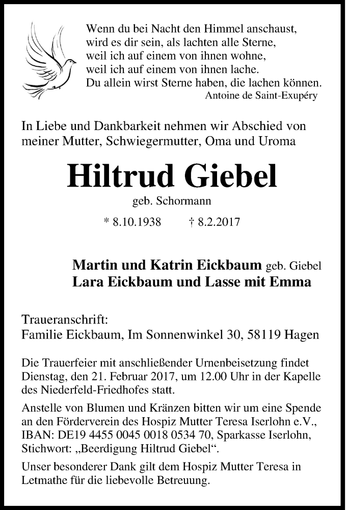  Traueranzeige für Hiltrud Giebel vom 18.02.2017 aus Tageszeitung