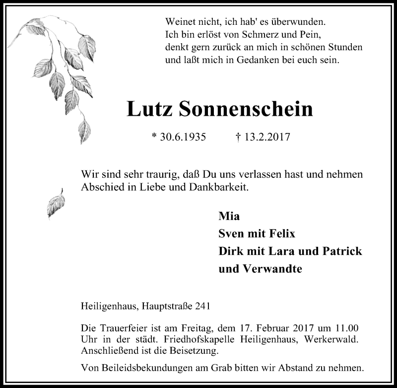  Traueranzeige für Lutz Sonnenschein vom 15.02.2017 aus Tageszeitung