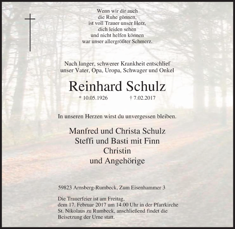  Traueranzeige für Reinhard Schulz vom 11.02.2017 aus Tageszeitung