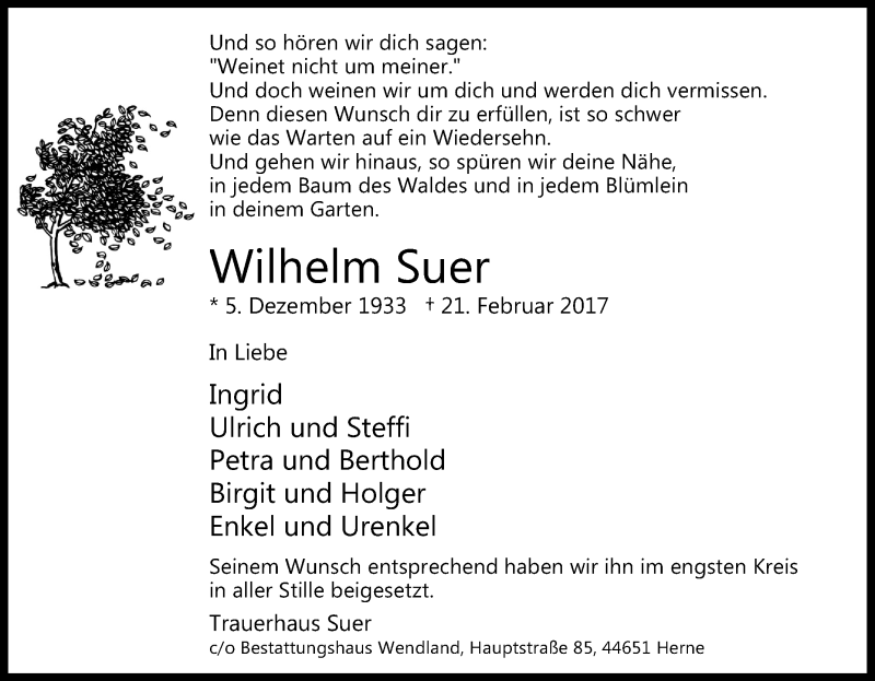  Traueranzeige für Wilhelm Suer vom 01.03.2017 aus Tageszeitung