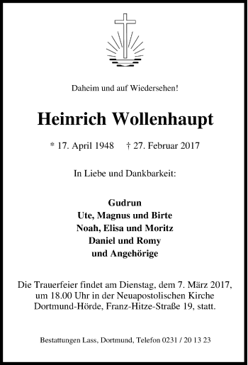 Traueranzeige von Heinrich Wollenhaupt von Tageszeitung