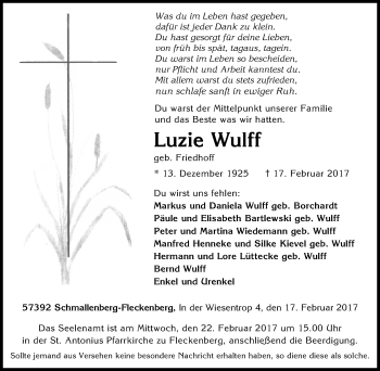 Traueranzeige von Luzie Wulff von Tageszeitung