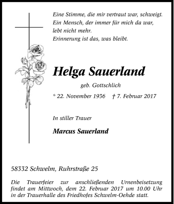 Traueranzeige von Helga Sauerland von Tageszeitung