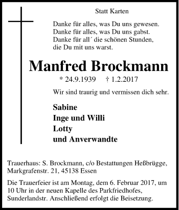 Traueranzeige von Manfred Brockmann von Tageszeitung