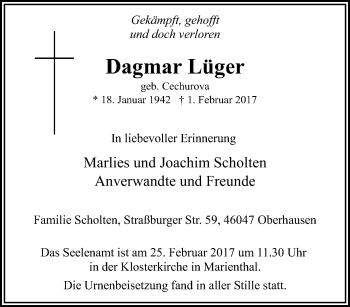 Traueranzeige von Dagmar Lüger von Tageszeitung