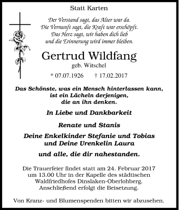 Traueranzeige von Gertrud Wildfang von Tageszeitung