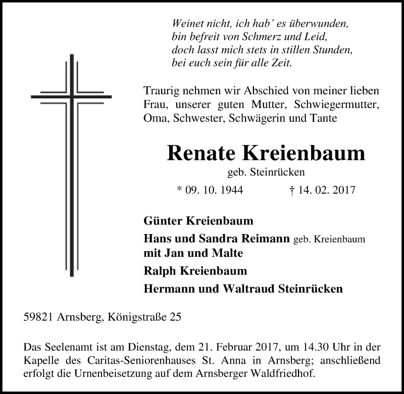  Traueranzeige für Renate Kreienbaum vom 18.02.2017 aus Tageszeitung