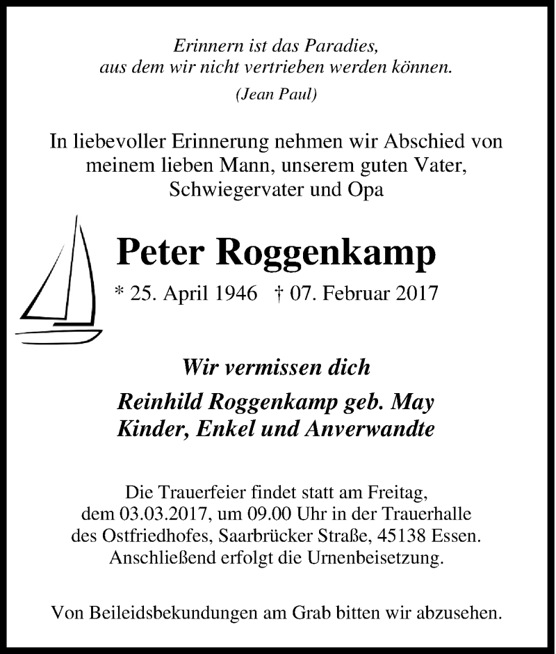  Traueranzeige für Peter Roggenkamp vom 25.02.2017 aus Tageszeitung