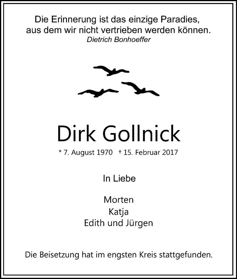  Traueranzeige für Dirk Gollnick vom 02.03.2017 aus Tageszeitung