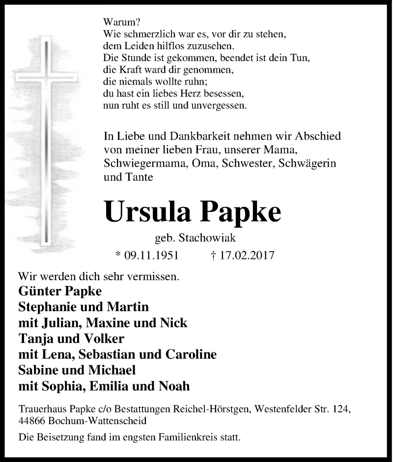  Traueranzeige für Ursula Papke vom 02.03.2017 aus Tageszeitung